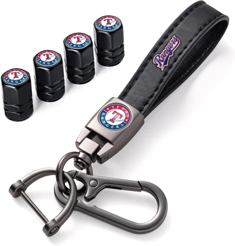 Kaleduo for TX Rangers Baseball Fans Car Keychain with Tire Valve Caps, Car Keyring and Valve Stem Caps Compatible with Key Fob Holder, Delicate Gifts for Men Women, Rangers - Image 1